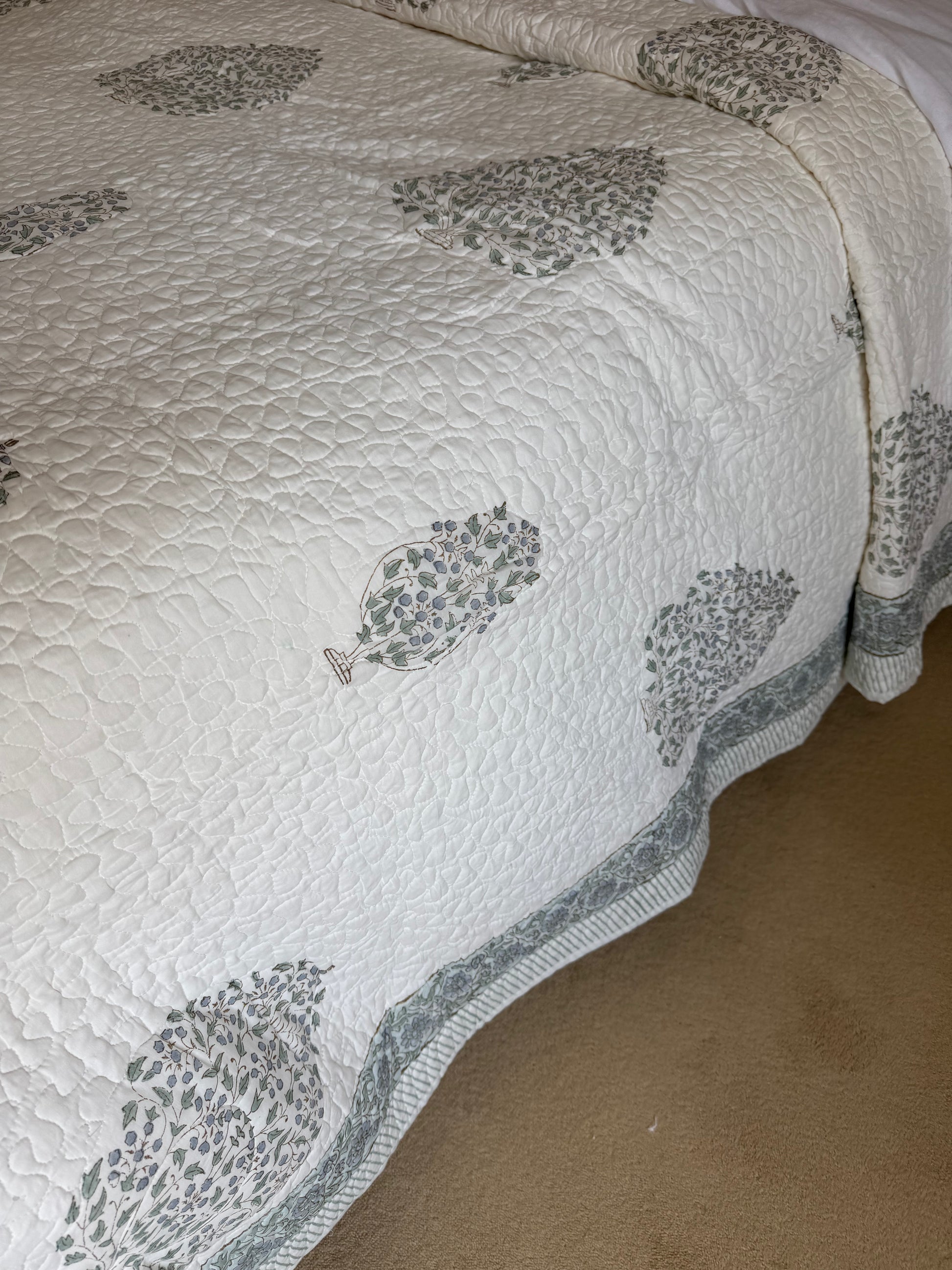 Hand block-printed king size bedspread in blue shrub print, 100% cotton