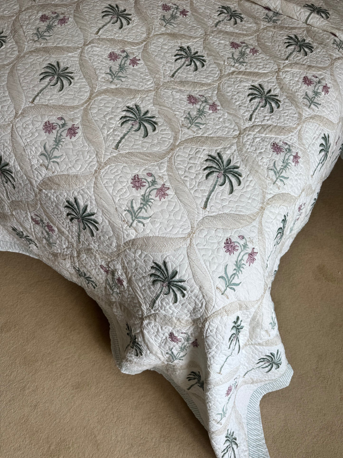 Hand block-printed king size bedspread in palmtree & pink shrub print, 100% cotton