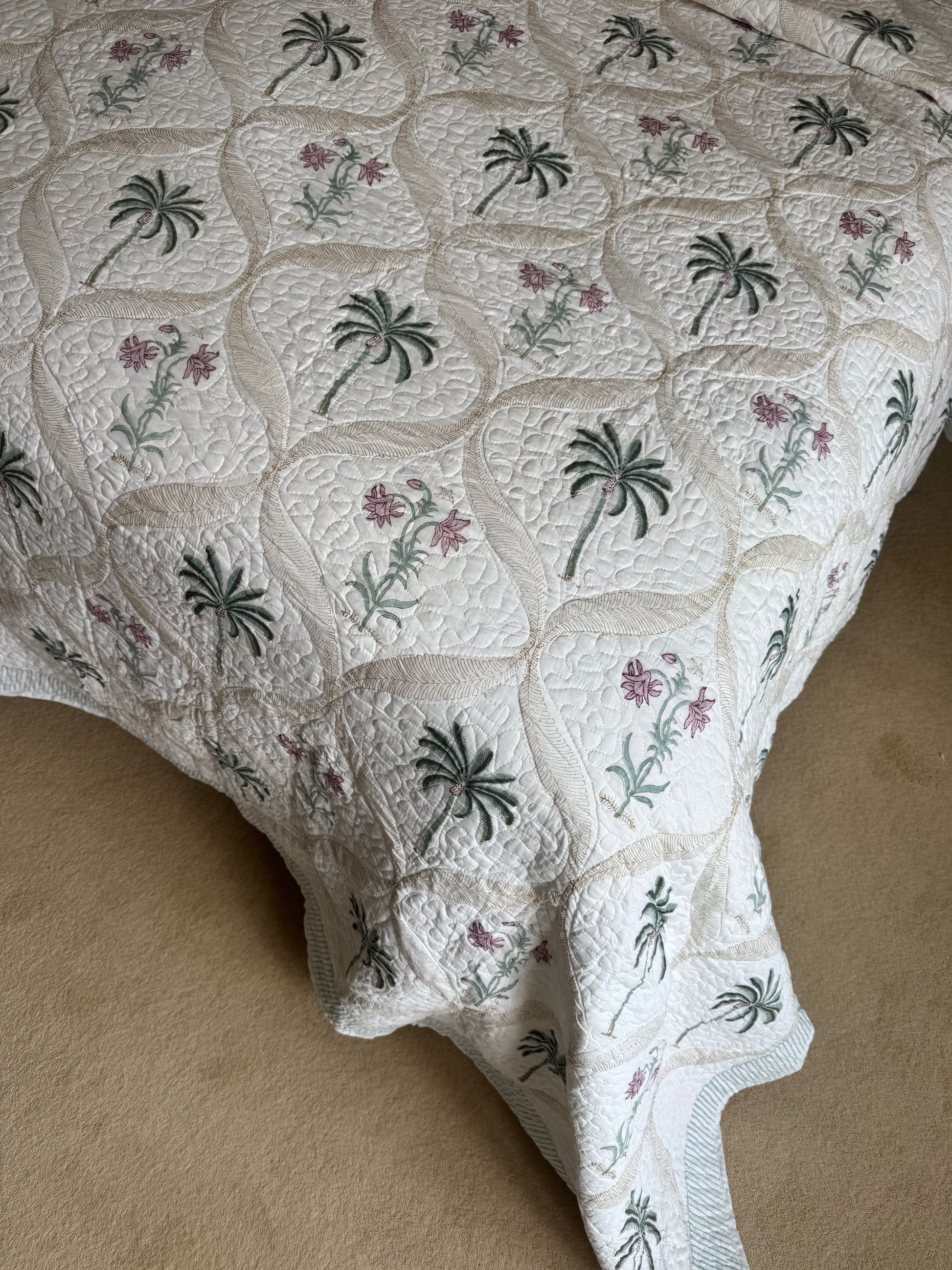 Hand block-printed king size bedspread in palmtree & pink shrub print, 100% cotton