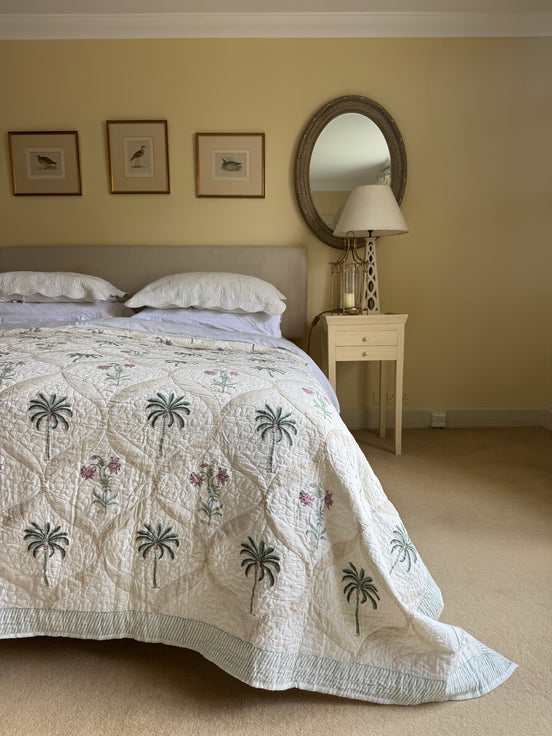 Hand block-printed king size bedspread in palmtree & pink shrub print, 100% cotton