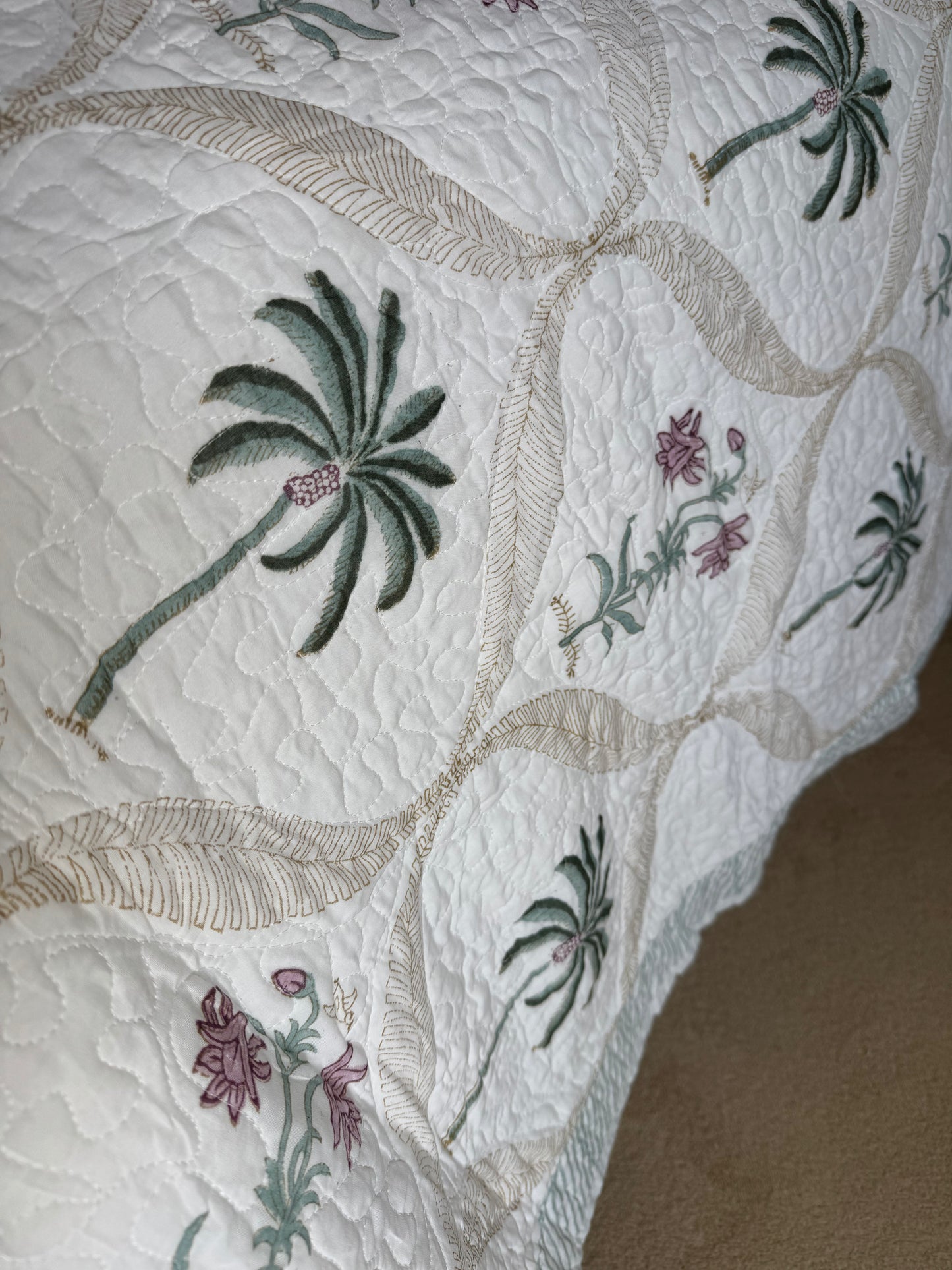 Hand block-printed king size bedspread in palmtree & pink shrub print, 100% cotton