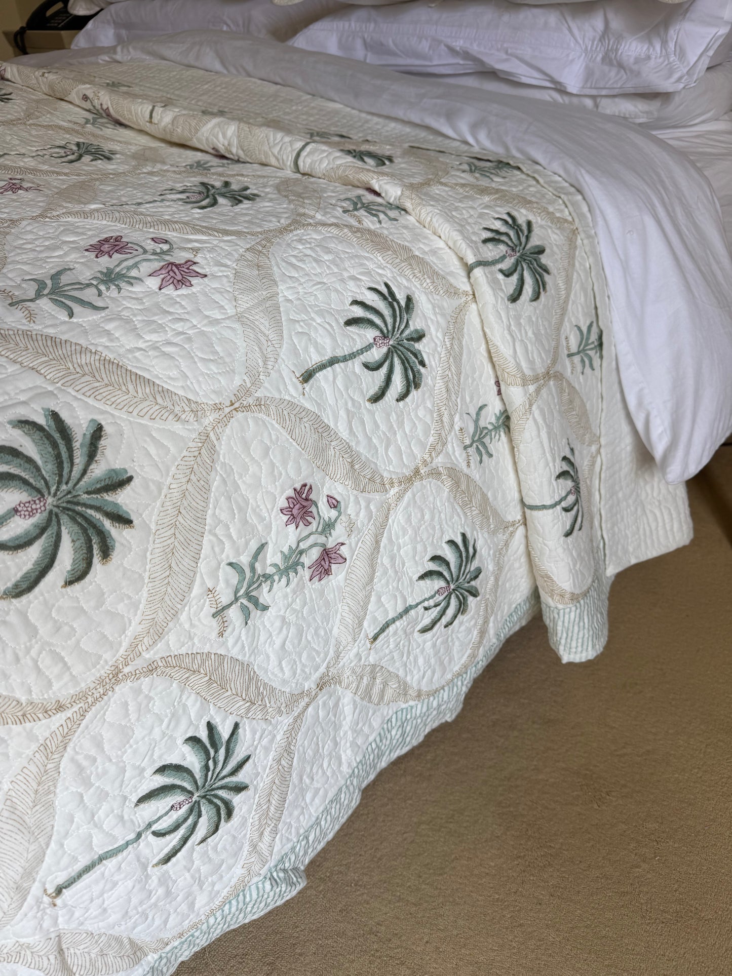 Hand block-printed king size bedspread in palmtree & pink shrub print, 100% cotton
