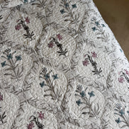Hand block-printed king size bedspread in pink & blue flower print, 100% cotton
