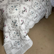 Hand block-printed king size bedspread in pink & blue flower print, 100% cotton