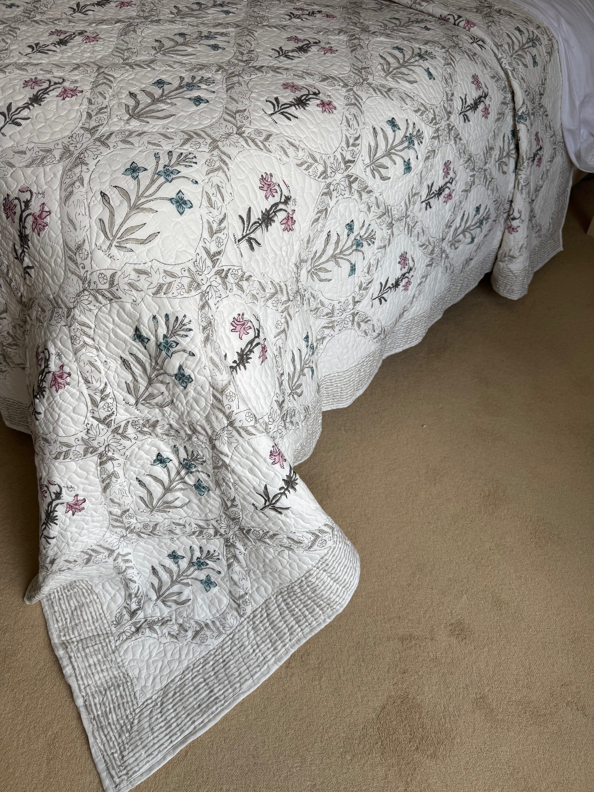 Hand block-printed king size bedspread in pink & blue flower print, 100% cotton