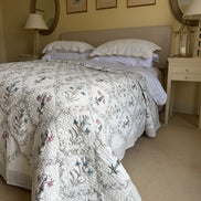 Hand block-printed king size bedspread in pink & blue flower print, 100% cotton