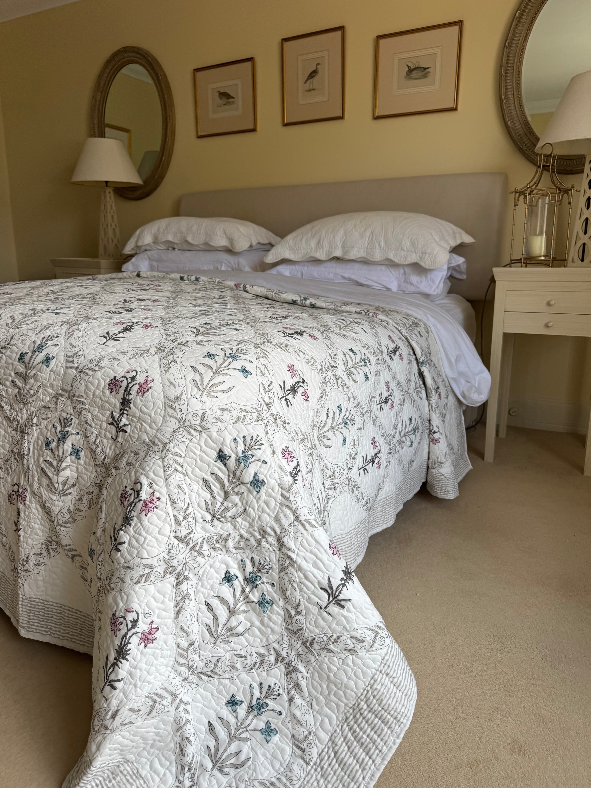 Hand block-printed king size bedspread in pink & blue flower print, 100% cotton