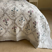 Hand block-printed king size bedspread in pink & blue flower print, 100% cotton