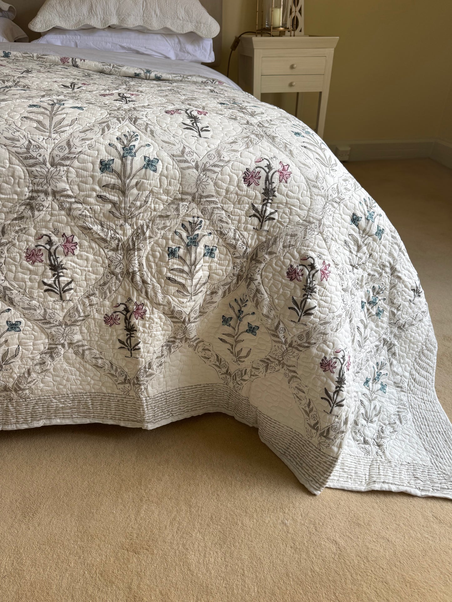 Hand block-printed king size bedspread in pink & blue flower print, 100% cotton