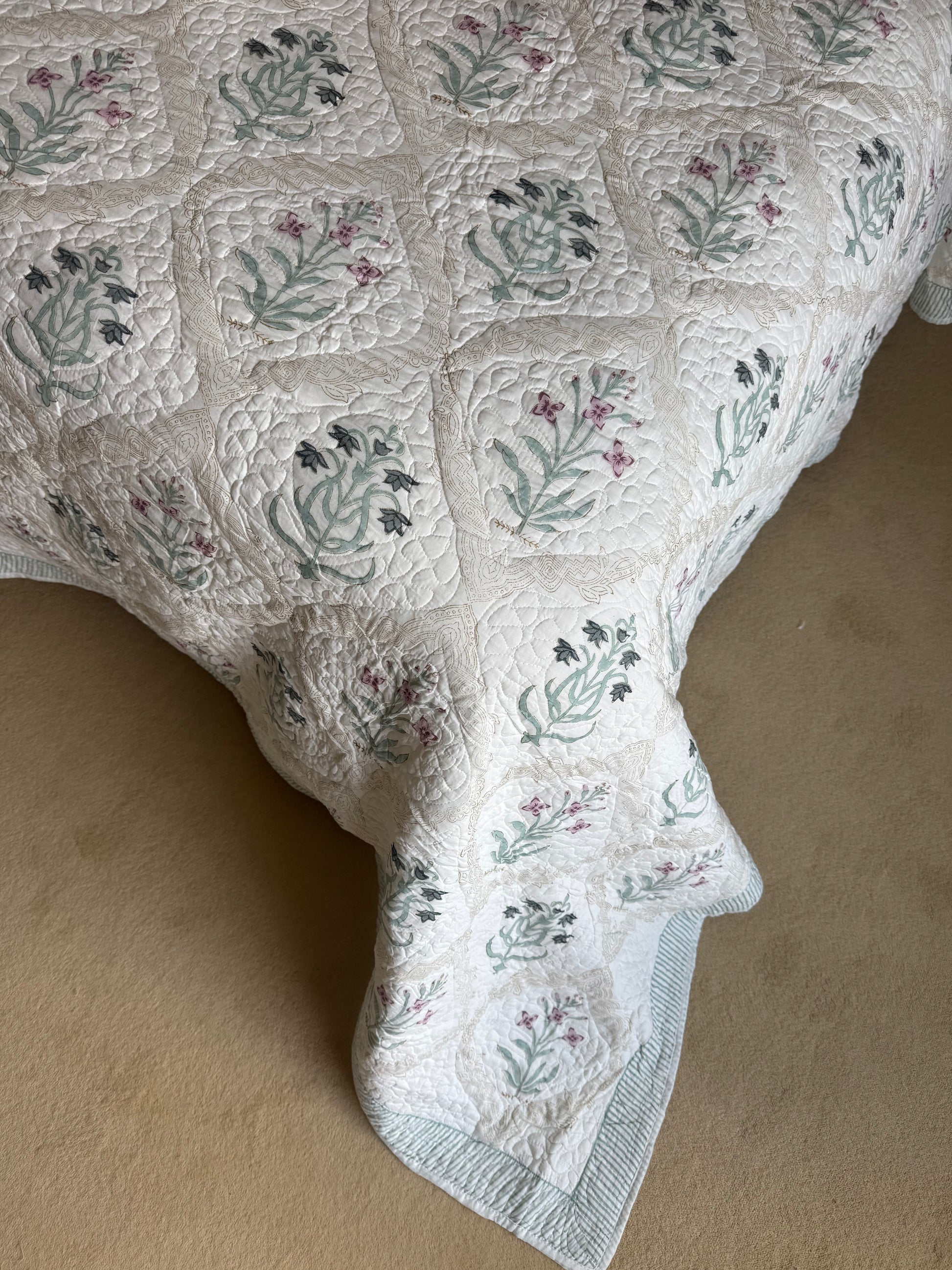 Hand block-printed king size bedspread in pink & blue shrub print, 100% cotton