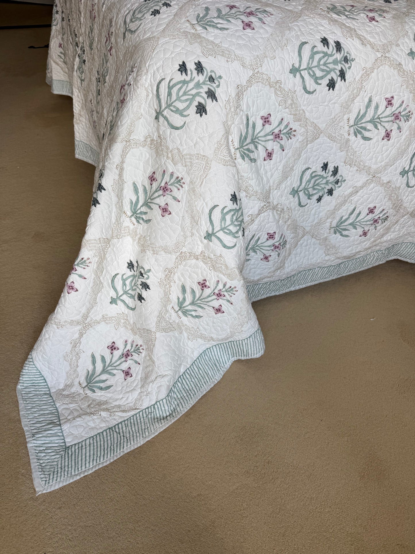 Hand block-printed king size bedspread in pink & blue shrub print, 100% cotton