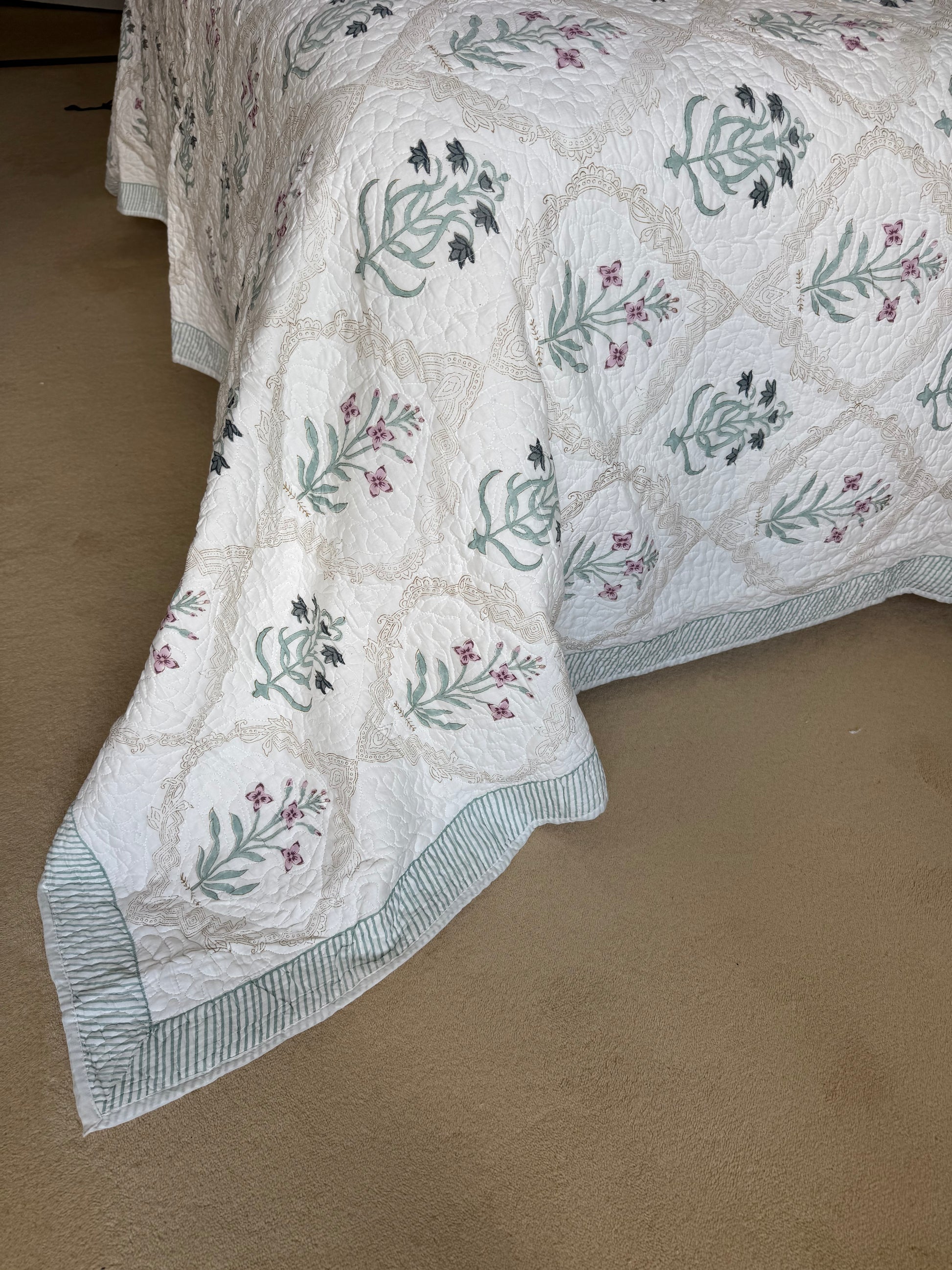 Hand block-printed king size bedspread in pink & blue shrub print, 100% cotton