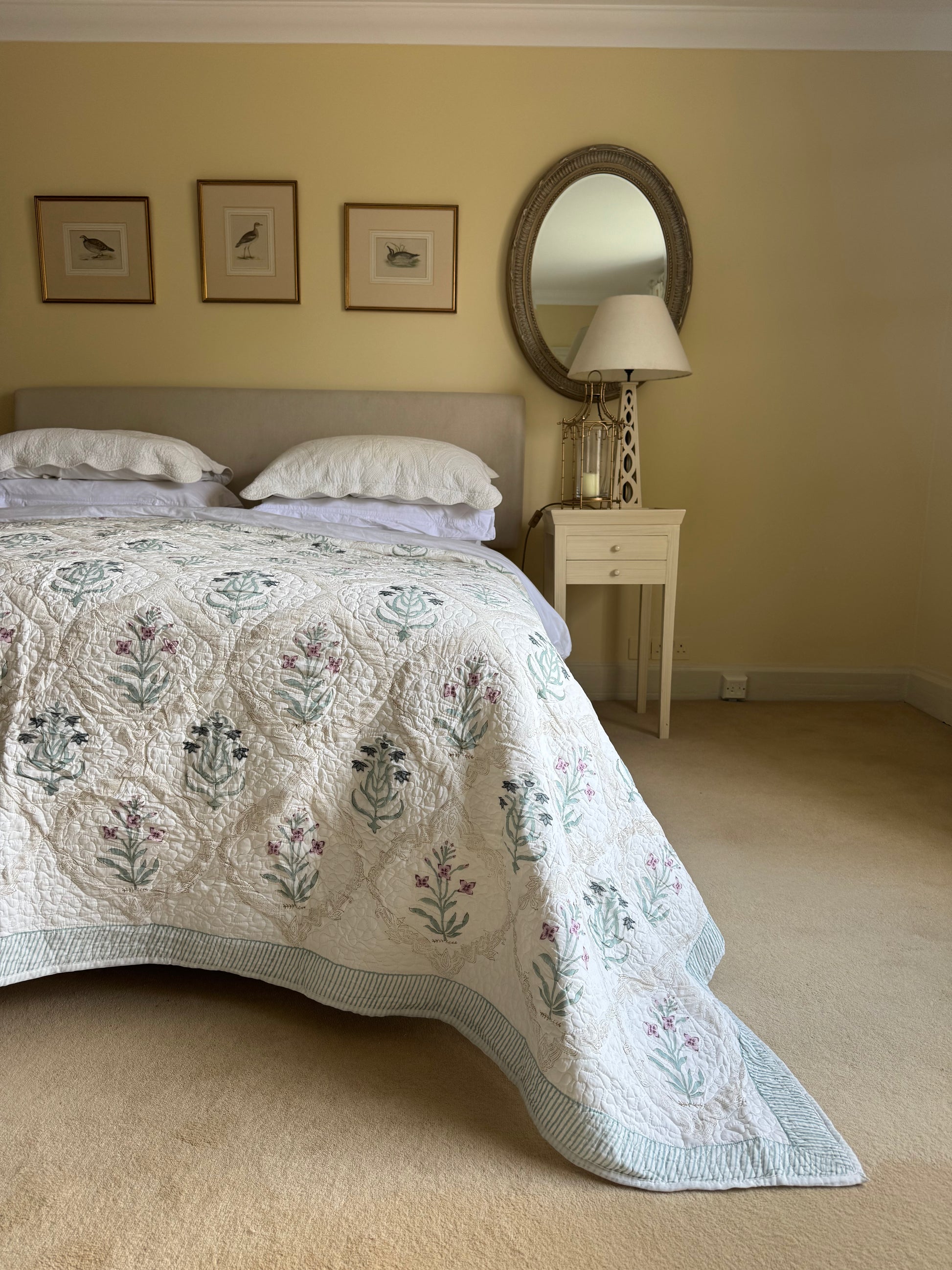 Hand block-printed king size bedspread in pink & blue shrub print, 100% cotton
