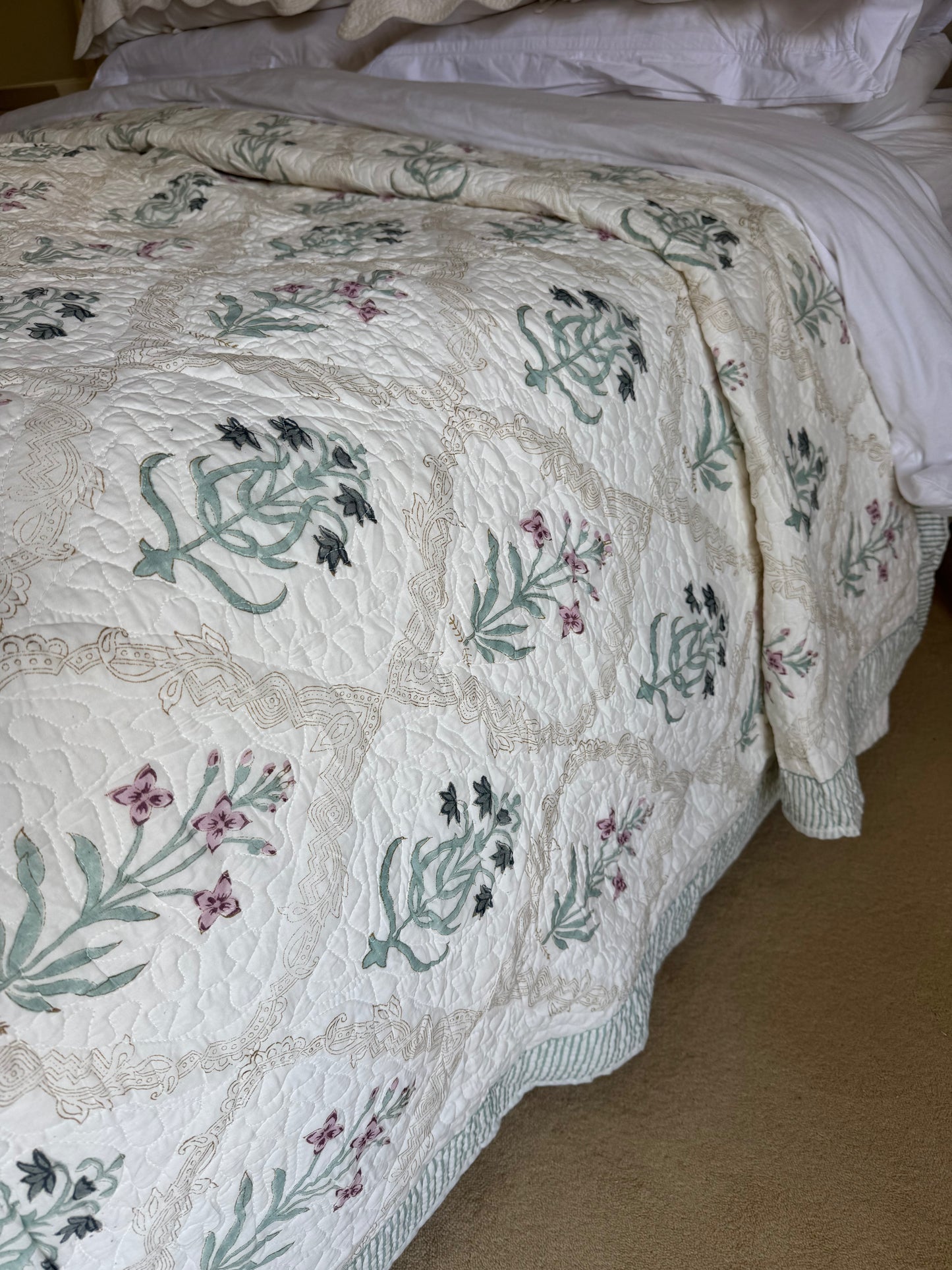 Hand block-printed king size bedspread in pink & blue shrub print, 100% cotton