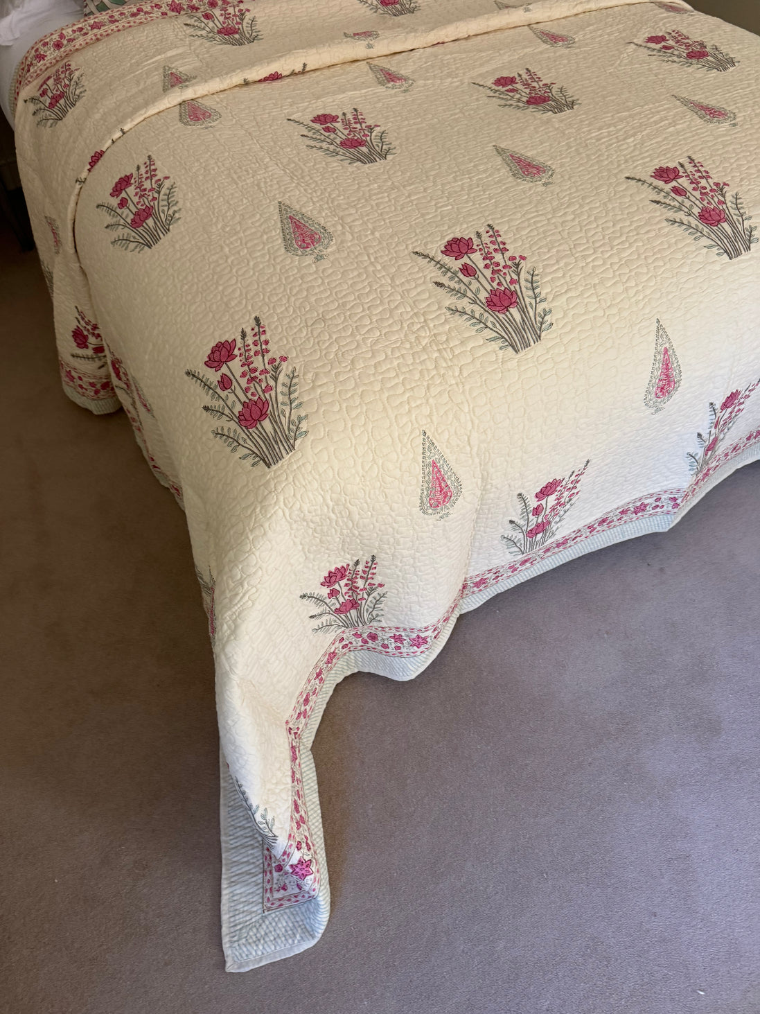Hand block-printed king size bedspread in pink cypress & foliage print, 100% cotton