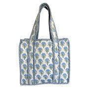 Hand block-printed mini tote bag in baby blue shrub print, 100% cotton