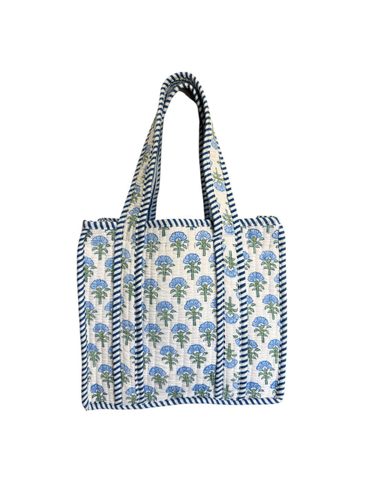 Hand block-printed mini tote bag in baby blue shrub print, 100% cotton