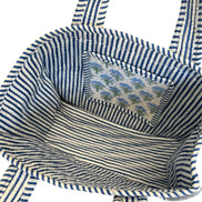 Hand block-printed mini tote bag in baby blue shrub print, 100% cotton