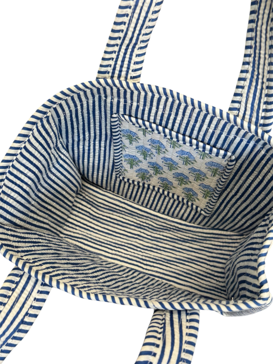 Hand block-printed mini tote bag in baby blue shrub print, 100% cotton
