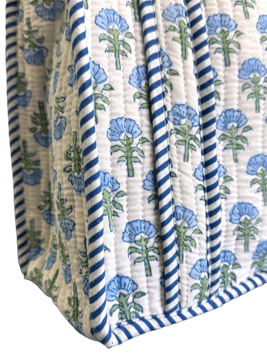 Hand block-printed mini tote bag in baby blue shrub print, 100% cotton
