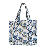 Hand block-printed mini tote bag in blue flower print, 100% cotton