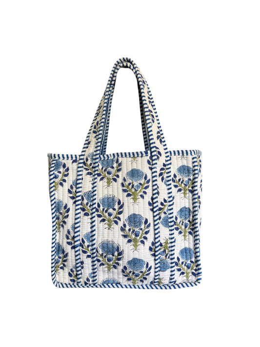 Hand block-printed mini tote bag in blue flower print, 100% cotton