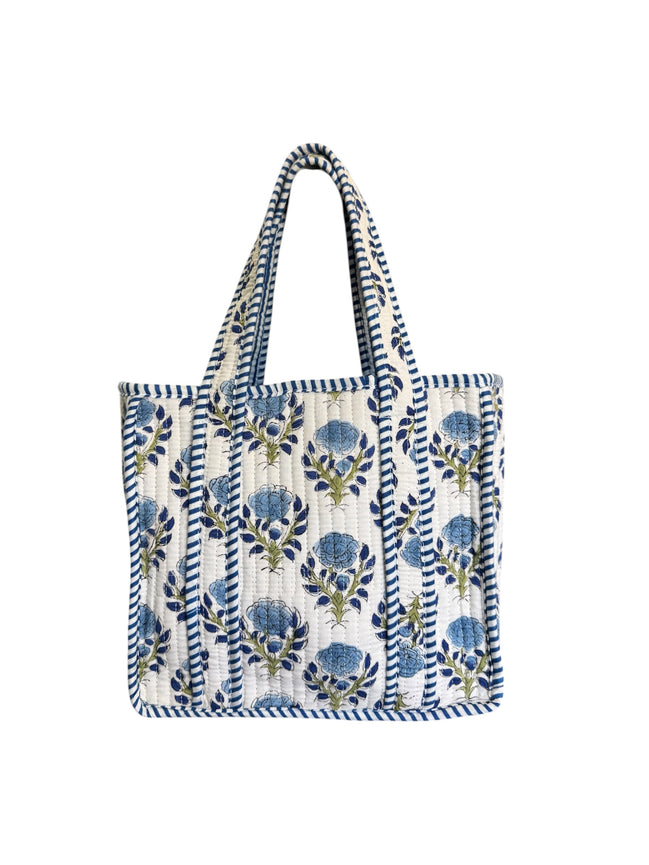 Hand block-printed mini tote bag in blue flower print, 100% cotton