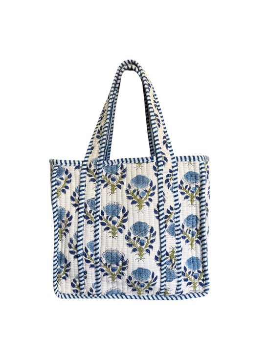 Hand block-printed mini tote bag in blue flower print, 100% cotton