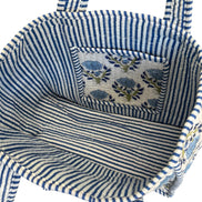 Hand block-printed mini tote bag in blue flower print, 100% cotton