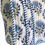 Hand block-printed mini tote bag in blue flower print, 100% cotton