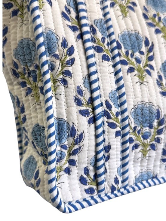 Hand block-printed mini tote bag in blue flower print, 100% cotton