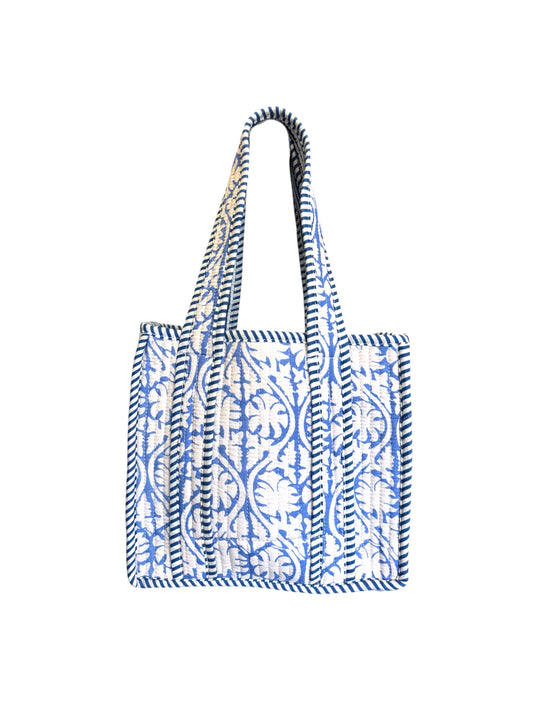 Hand block-printed mini tote bag in blue tropez print, 100% cotton