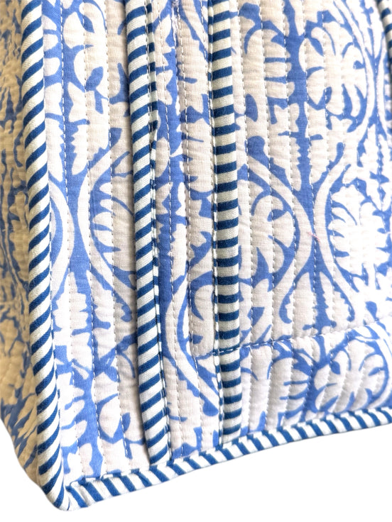 Hand block-printed mini tote bag in blue tropez print, 100% cotton