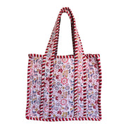 Hand block-printed mini tote bag in pink floral print, 100% cotton