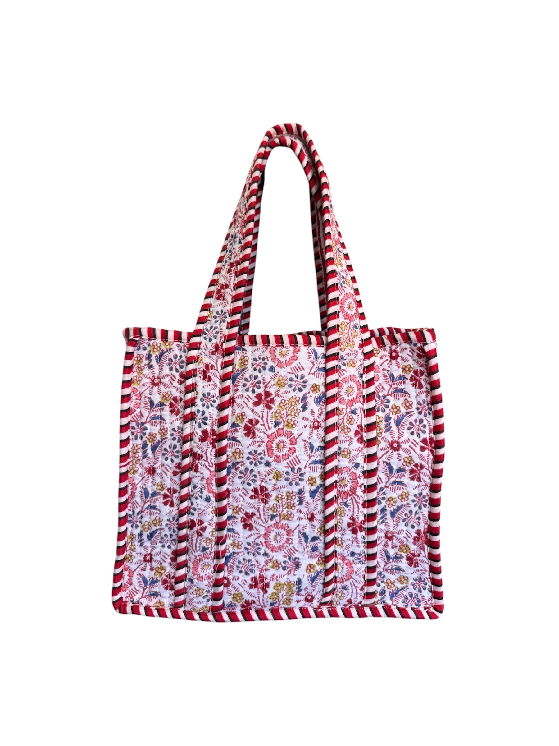 Hand block-printed mini tote bag in pink floral print, 100% cotton