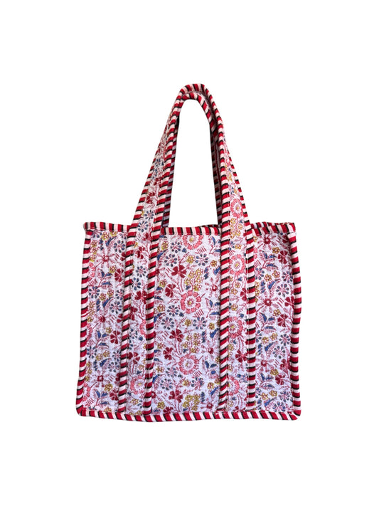 Hand block-printed mini tote bag in pink floral print, 100% cotton