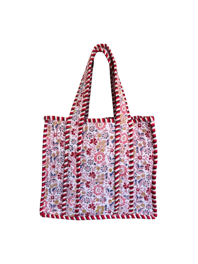 Hand block-printed mini tote bag in pink floral print, 100% cotton