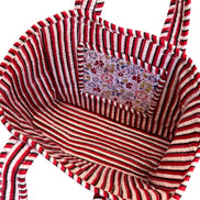 Hand block-printed mini tote bag in pink floral print, 100% cotton