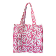 Hand block-printed mini tote bag in pink fauna trellis print, 100% cotton
