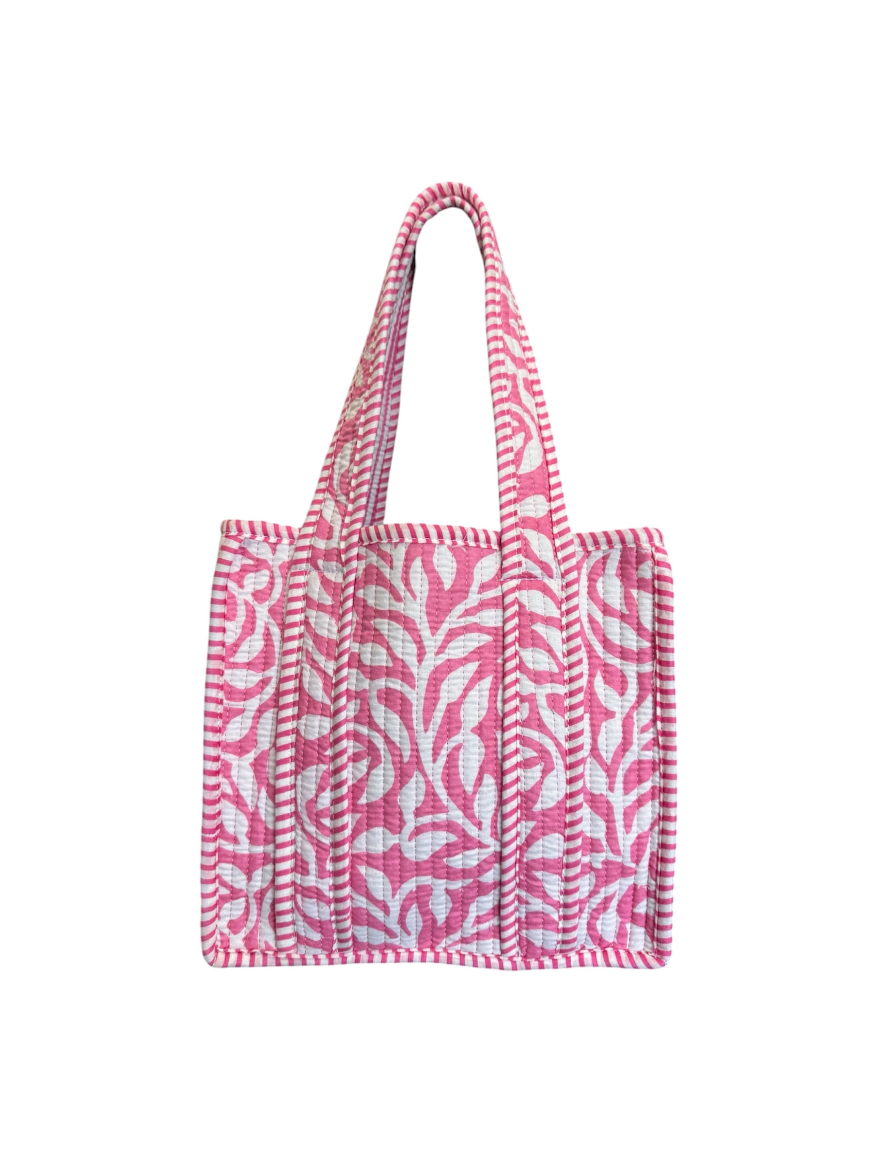 Hand block-printed mini tote bag in pink fauna trellis print, 100% cotton