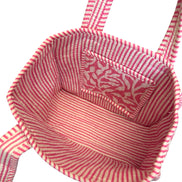 Hand block-printed mini tote bag in pink fauna trellis print, 100% cotton