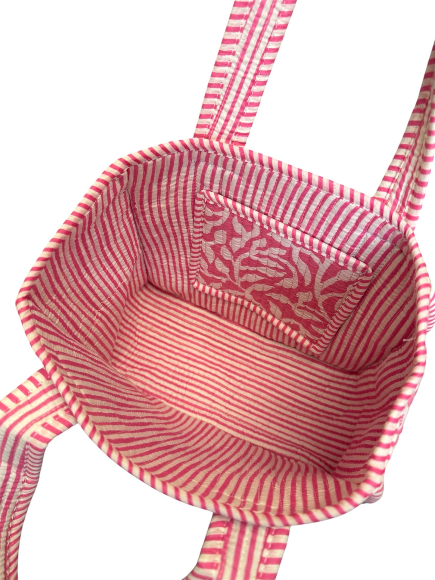 Hand block-printed mini tote bag in pink fauna trellis print, 100% cotton