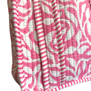 Hand block-printed mini tote bag in pink fauna trellis print, 100% cotton