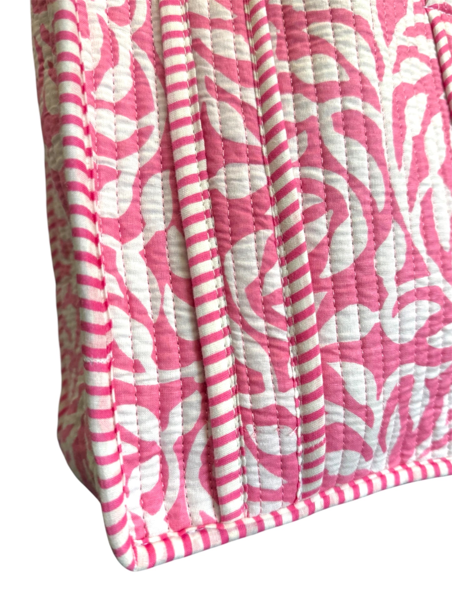 Hand block-printed mini tote bag in pink fauna trellis print, 100% cotton