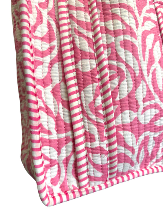 Hand block-printed mini tote bag in pink fauna trellis print, 100% cotton