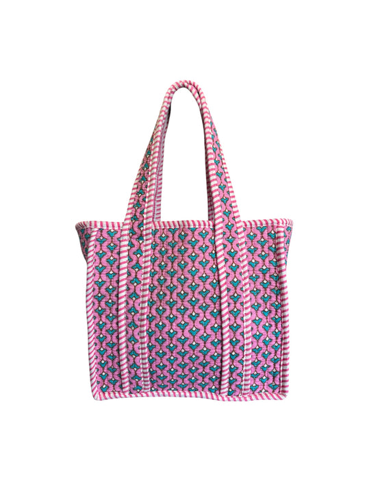 Hand block-printed mini tote bag in pink provence print, 100% cotton
