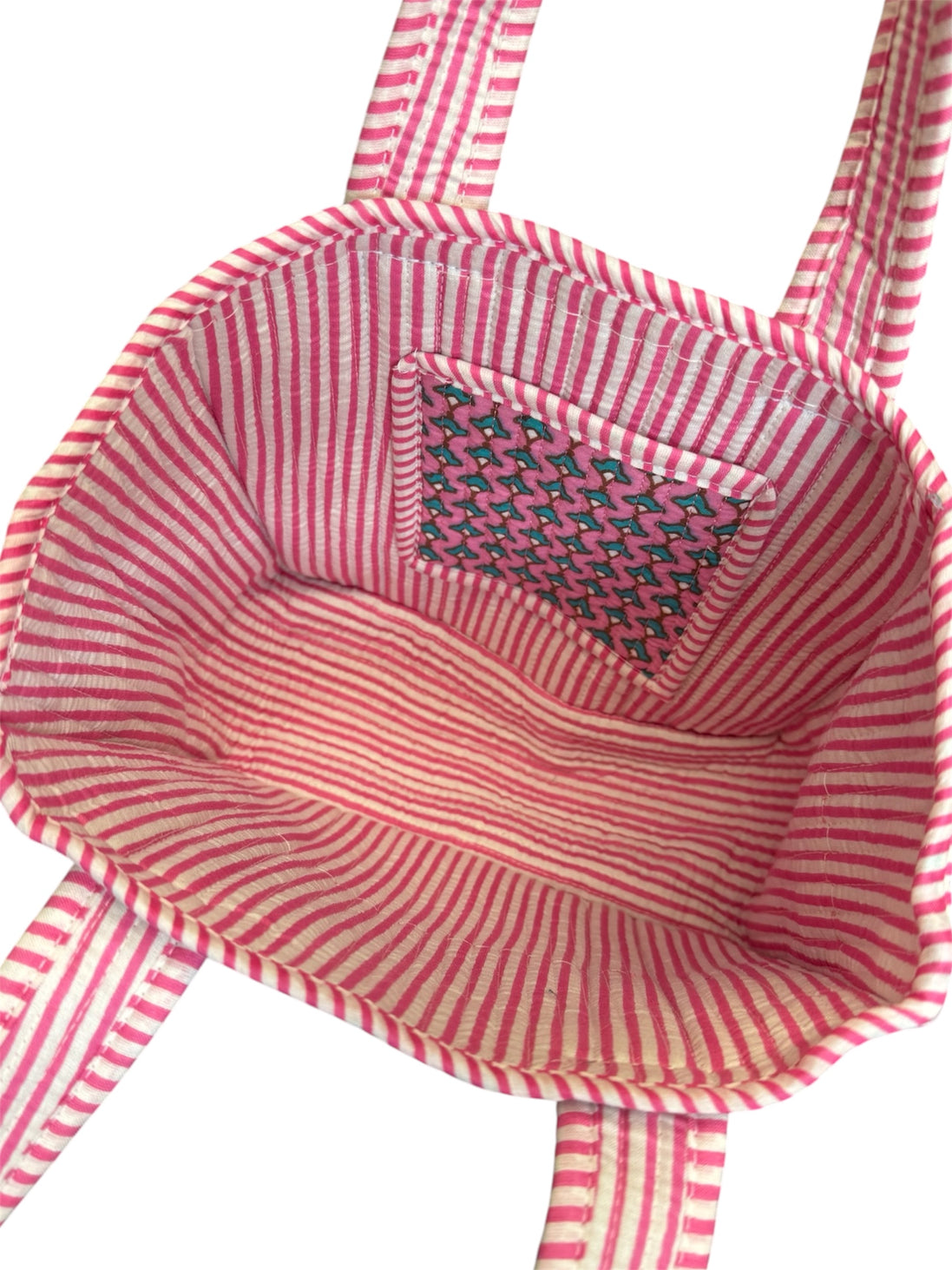 Hand block-printed mini tote bag in pink provence print, 100% cotton