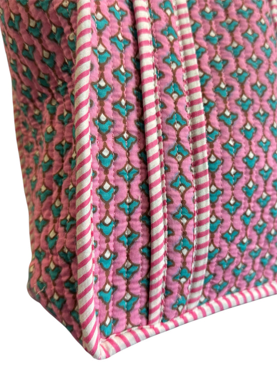 Hand block-printed mini tote bag in pink provence print, 100% cotton