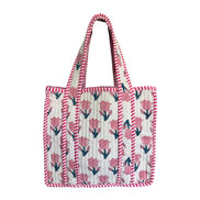 Hand block-printed mini tote bag in pink tulips print, 100% cotton