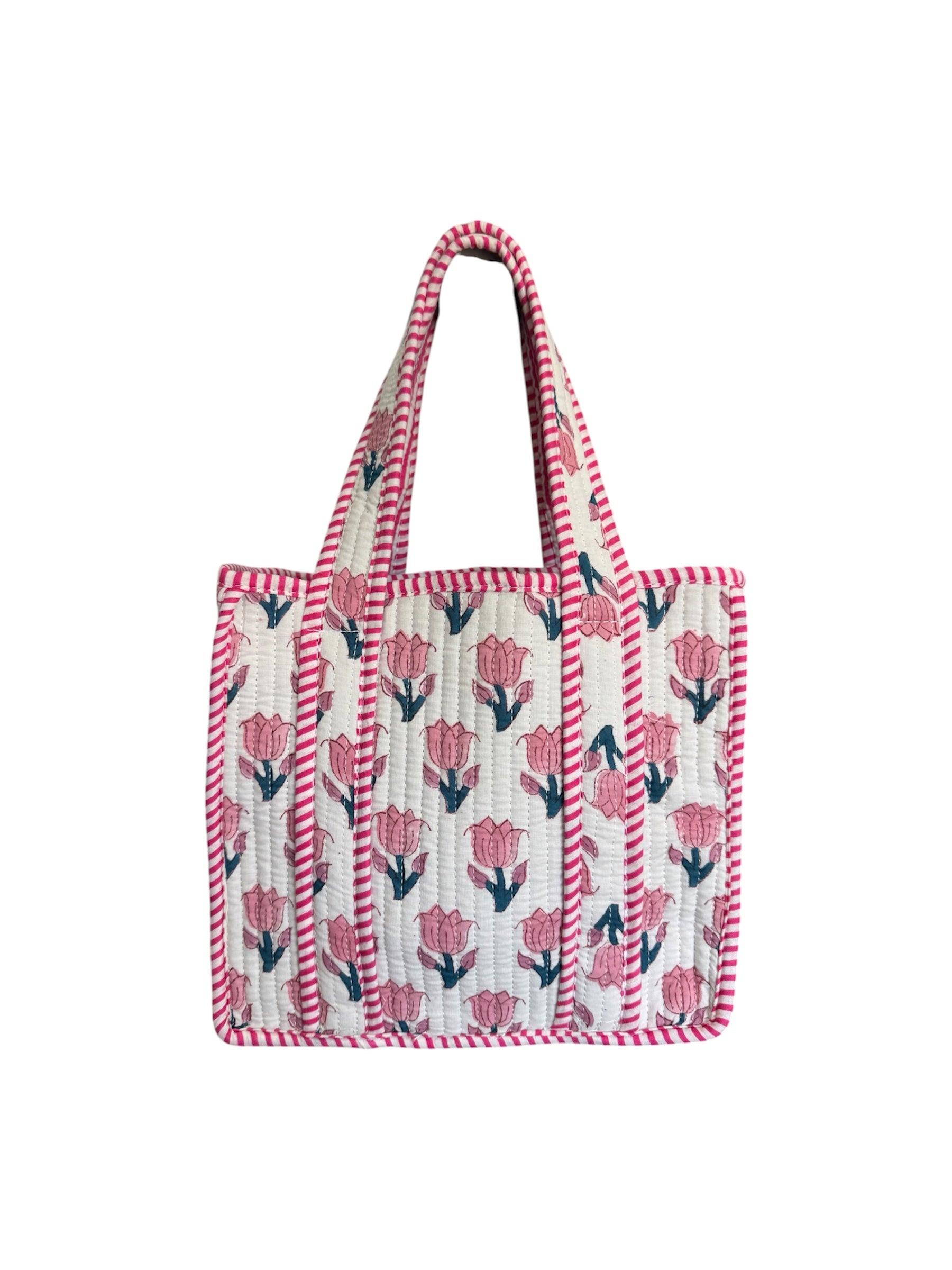 Hand block-printed mini tote bag in pink tulips print, 100% cotton
